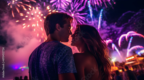 Miami New Year's Eve Fireworks Celebrating with Romantic Couple