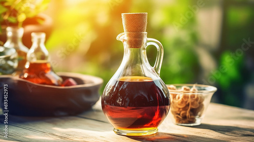 Bottle of wine vinegar against a blurry background 