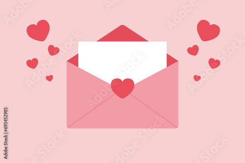 Vector romantic icon red envelope. In the envelope is a card with a heart. Illustration of a love letter in flat style.