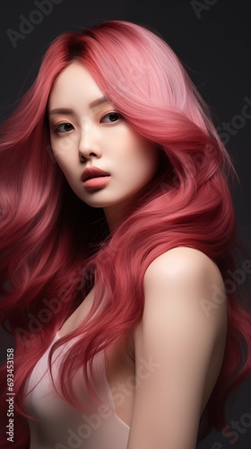 Style asian beautiful lady with red color curve hair © PNG Lab