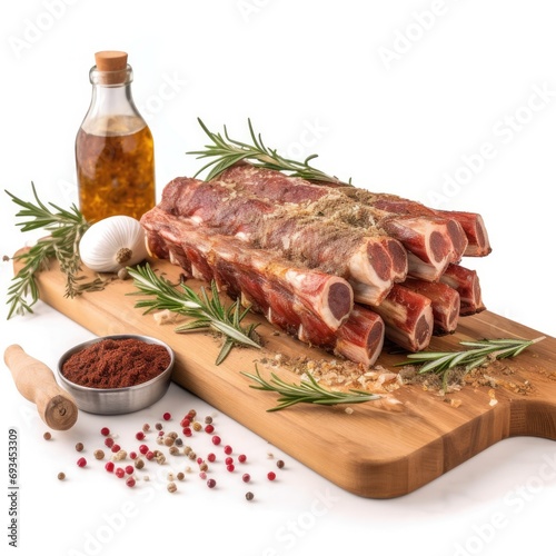 Raw Ribs on Wooden Board w Spices