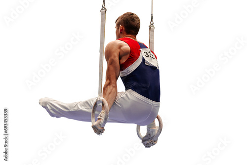 male gymnast exercise l-sit position on ring frame in artistic gymnastics isolated on transparent background, summer sports games