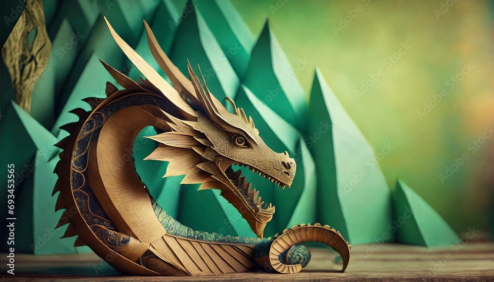 Obraz na płótnie papercut of a wood dragon on jade background festive chinese new year banner w salonie
