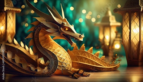wood and gold dragon on jade background festive chinese new year banner