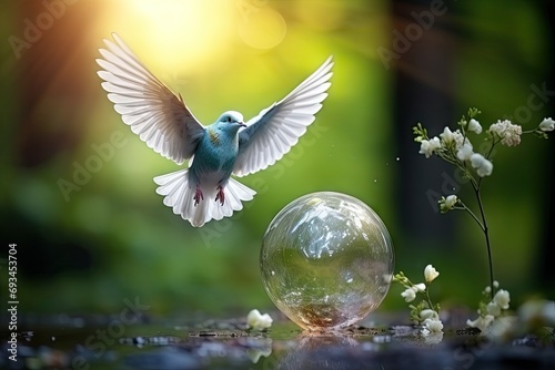 World environment and Earth Day go hand in hand. Globe. The dove of peace is flying above the earth. blurred nature background.by Generative AI photo