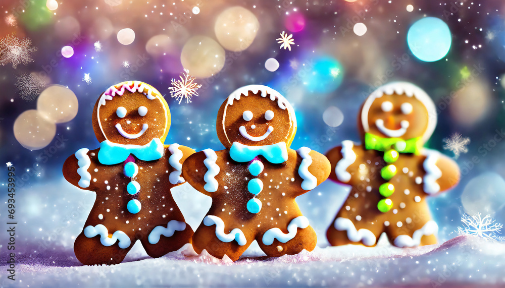colorful gingerbread men stand next to each other in the snow with glittering bokeh