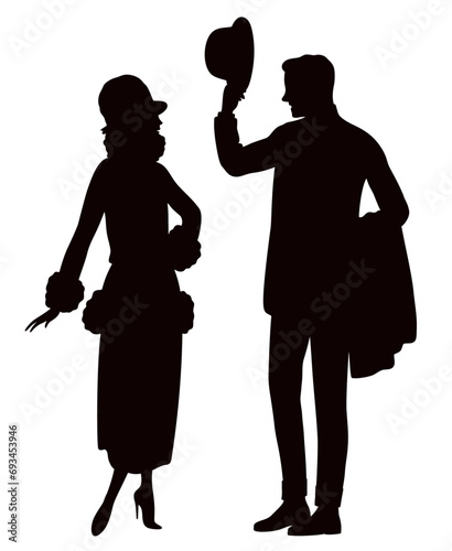 Profile silhouettes of young couple in 1920s where man tip his bowler hat in front of woman. Man taking off his hat meeting a lady. photo
