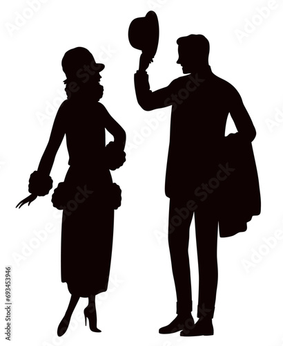 Profile silhouettes of young couple in 1920s where man tip his bowler hat in front of woman. Man taking off his hat meeting a lady.