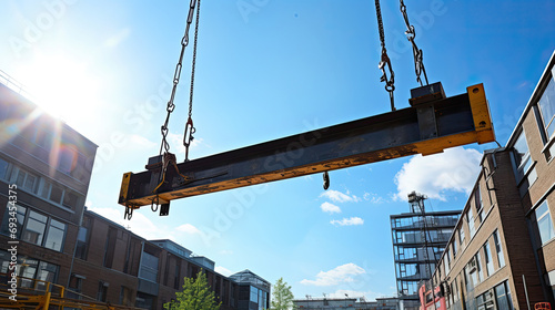 A truck crane lifts a large steel beam on a construction site. Real estate construction process. photo