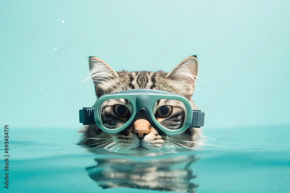Cat swims in the pool wearing swimming goggles. AI generated - obrazy, fototapety, plakaty 