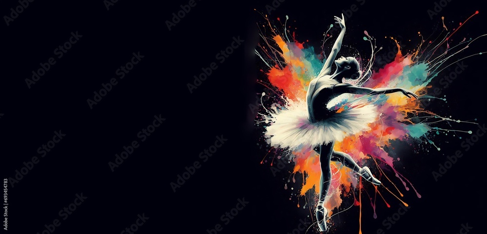 Ballet dancers splash colorful illustrations, black background with copy space, generative ai - obrazy, fototapety, plakaty 