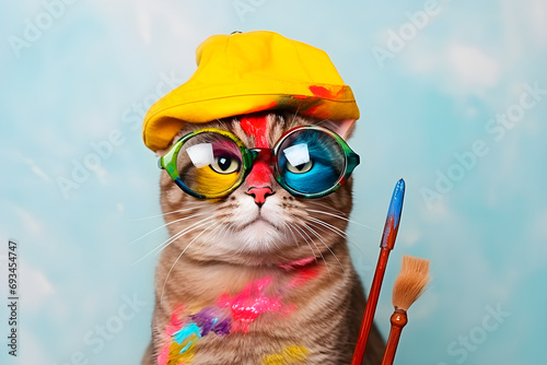 Artist cat with paint brushes. AI generated