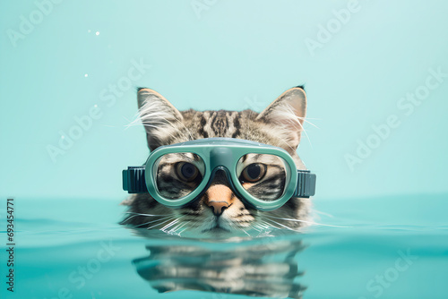 Cat swims in the pool wearing swimming goggles. AI generated