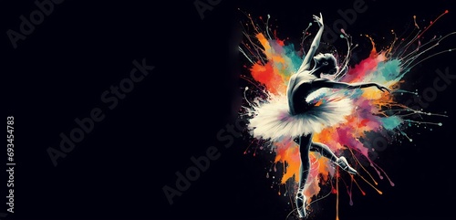 Ballet dancers splash colorful illustrations, black background with copy space, generative ai photo