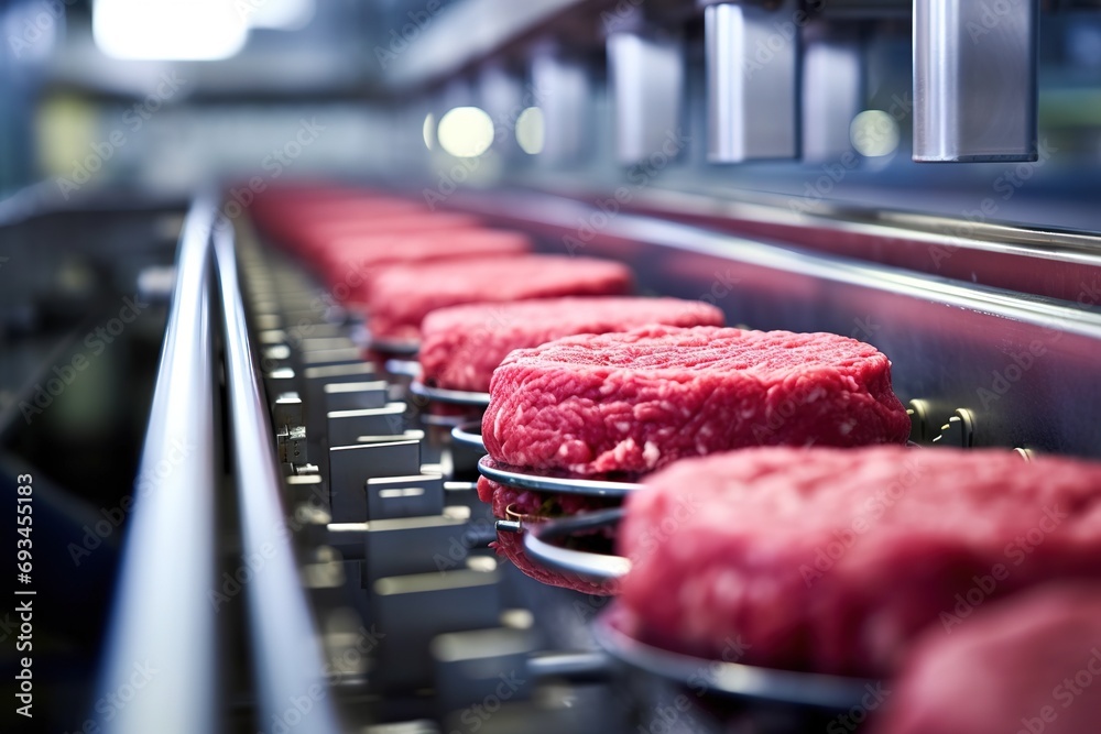 Conveyor in an ecofriendly meat factory producing beef burger cutlets. Factory producing