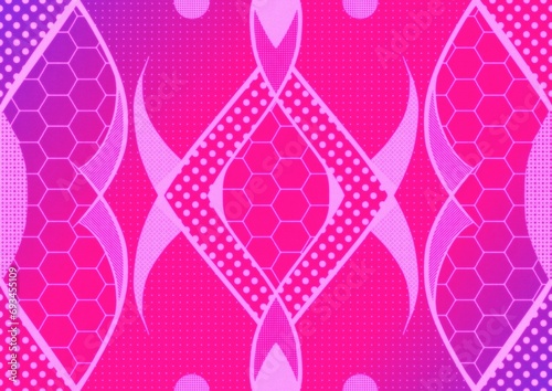 Hand-drawn abstract seamless ornament. Neon gradient (plastic pink to proton purple) background and glowing pattern on it. Cloth texture. Digital artwork, A4. (pattern: p12a)