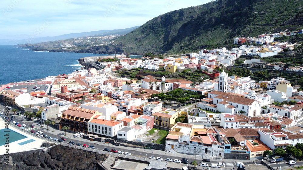 Aerial panoramic view of Garachico, Tenerife, Canary Islands, Spain. Coastline.