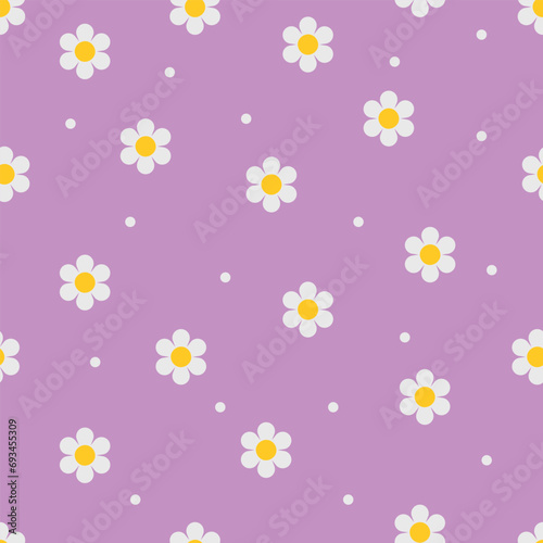 Hand drawn daisy flower seamless pattern on a lilac pastel color background