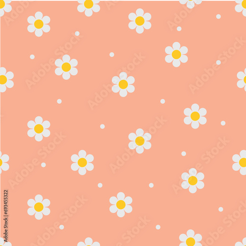 Hand drawn daisy flower seamless pattern on a  peach pastel color background