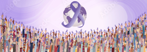 Copy space banner with many raised hands of people holding a purple ribbon on a background with a globe earth for the World cancer day event.Awareness prevention treatment.Cancer survivor 