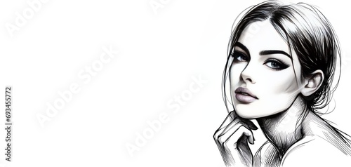 Fototapeta Beauty, fashion, make-up, and art concept. Beautiful woman portrait sketch style drawing. Model face drawn with black ink lines style. Black and white illustration, generative ai