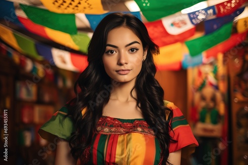 mestizo woman with asian traits wearing traditional dress for the festa junina with colorful flags in the background photo