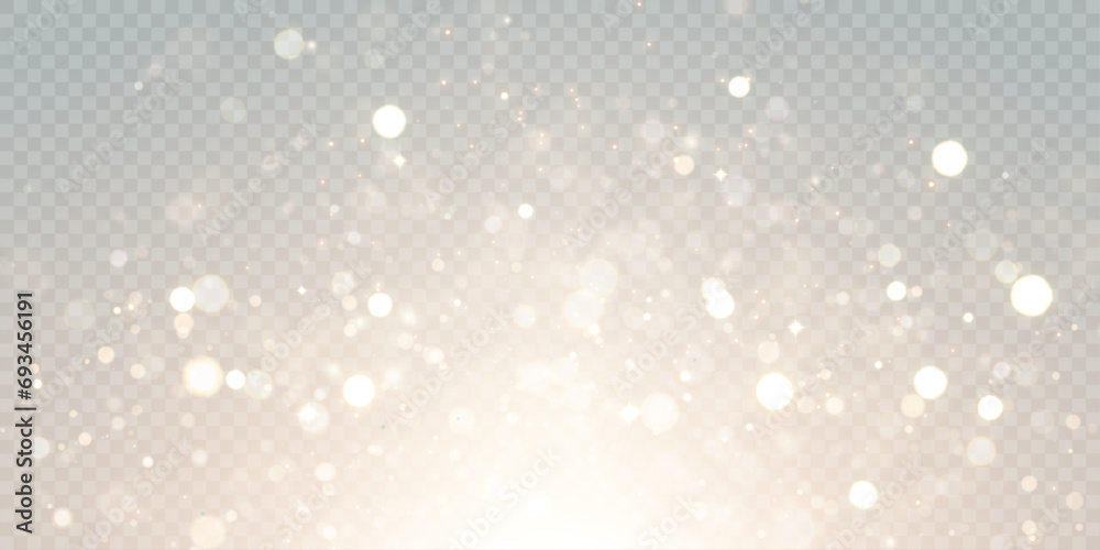 Gold dust light bokeh. Christmas glowing bokeh and glitter overlay texture for your design on a transparent background. Golden particles abstract vector background.	 - obrazy, fototapety, plakaty 