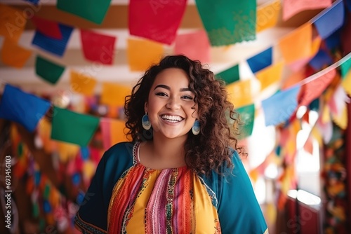 mestizo woman with asian traits wearing traditional dress for the festa junina with colorful flags in the background photo
