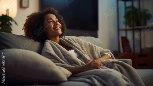 Woman wrapped in warm blanked and sleeping on the couch at home