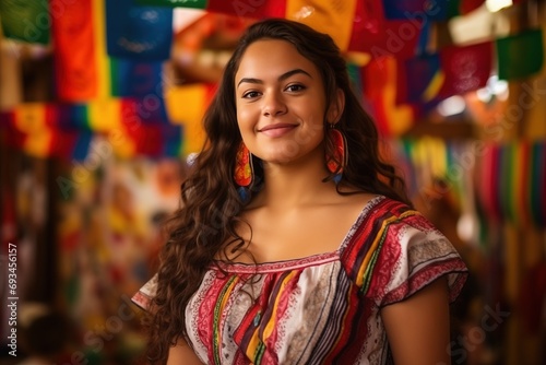 mestizo woman with asian traits wearing traditional dress for the festa junina with colorful flags in the background © PNG Lab