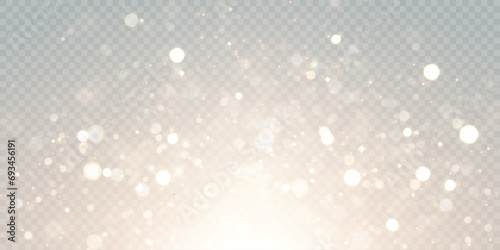 Gold dust light bokeh. Christmas glowing bokeh and glitter overlay texture for your design on a transparent background. Golden particles abstract vector background.	