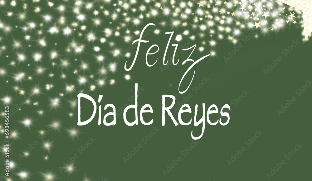 White happy kings day text on green background with golden glitter.
