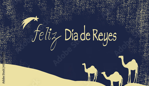 Text happy kings day with camels in the dunes on blue sky background and golden glitter. photo