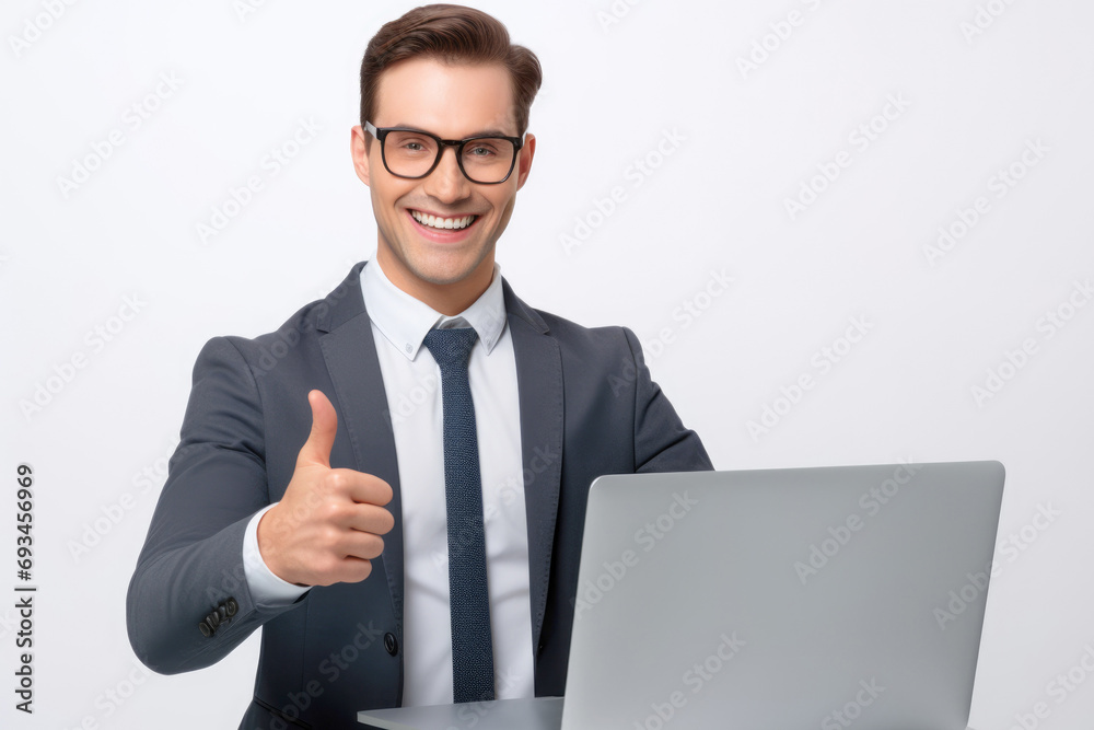 A young, smiling man in business attire, confidently signaling success with a thumbs-up. A young, smiling man in business attire, confidently signaling success with a thumbs-up.