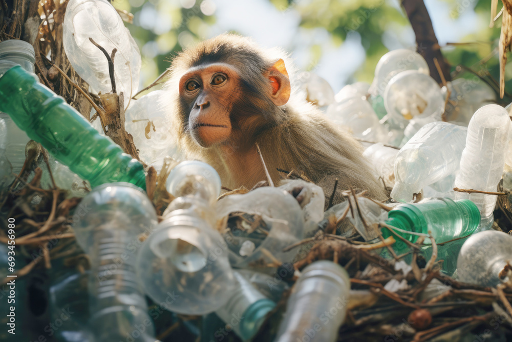 Sad monkey among plastic garbage and dump pollution in wildlife