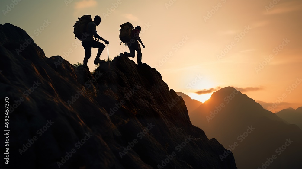Silhouette People helping each other  hikers climbing up mountain cliff team work successfully