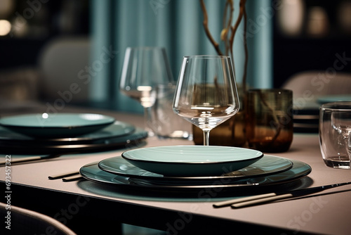 Dreamlike Scandinavian Restaurant Setting in Dark Beige and Light Azure