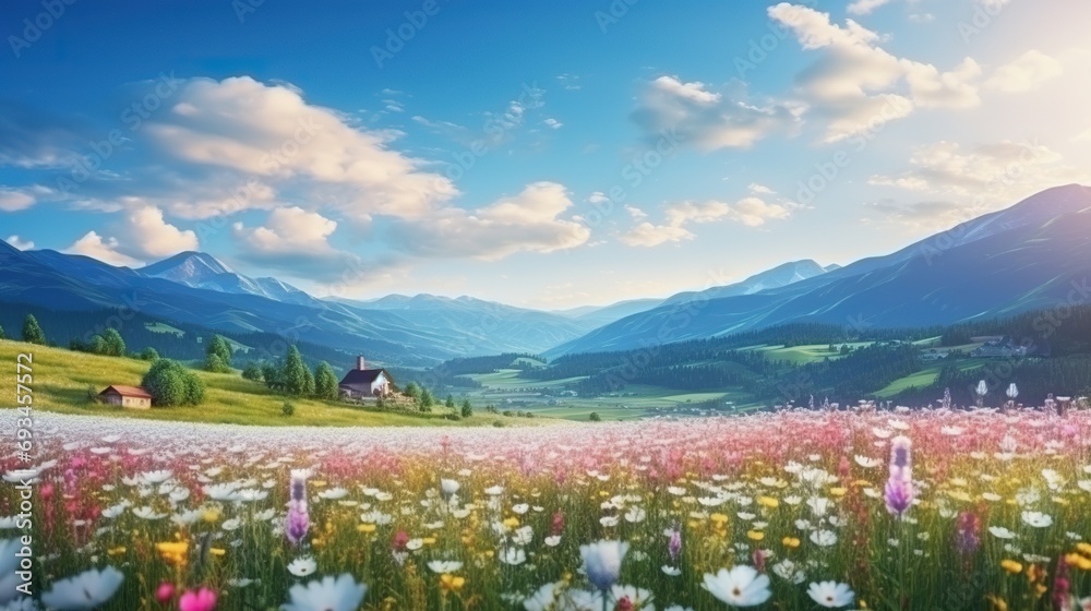Hiking through Beautiful mountain village scenery with fresh flower field meadows Highlands