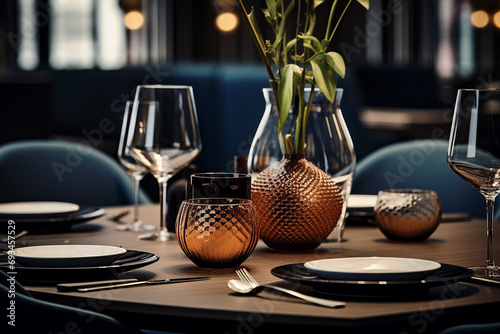 Dreamlike Scandinavian Restaurant Setting in Dark Beige and Light Azure photo