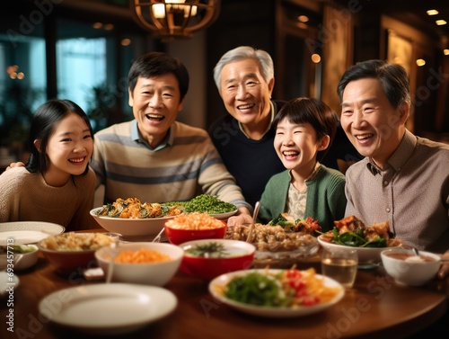 Happy asian family   having easter dinner together to celebrate christmas Thanksgiving lunch. holiday in cozy home