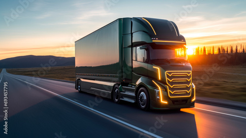 Futuristic electric truck on the highway during sunset. photo