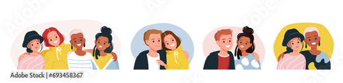 Big set group of diverse characters style young people couples together hugging posing isolated on white background. University fellow students classmates, buddies, pals doing keepsake photograph.