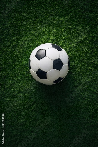 Aerial view of a soccer ball at the center circle of a soccer field, symbolizing the start of a game