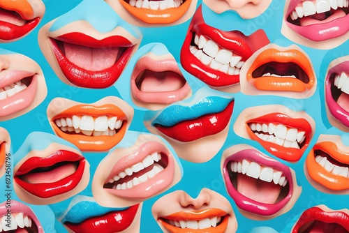 Abstract composition collage of laughing female mouths