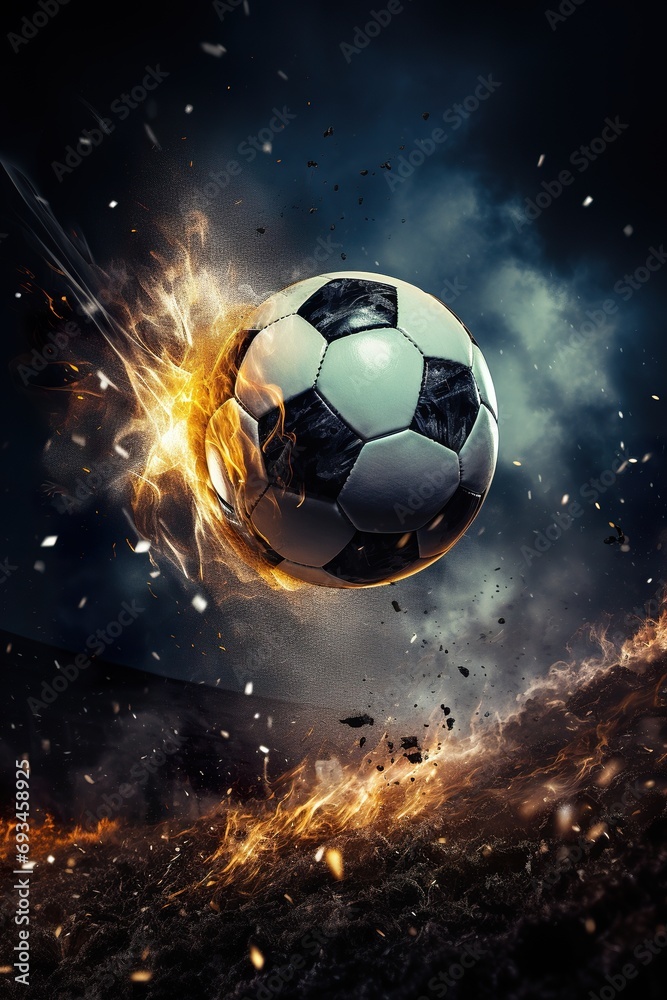 Close-up image of a soccer ball mid-air just before a powerful strike, with dramatic lighting and a blurred player in the background