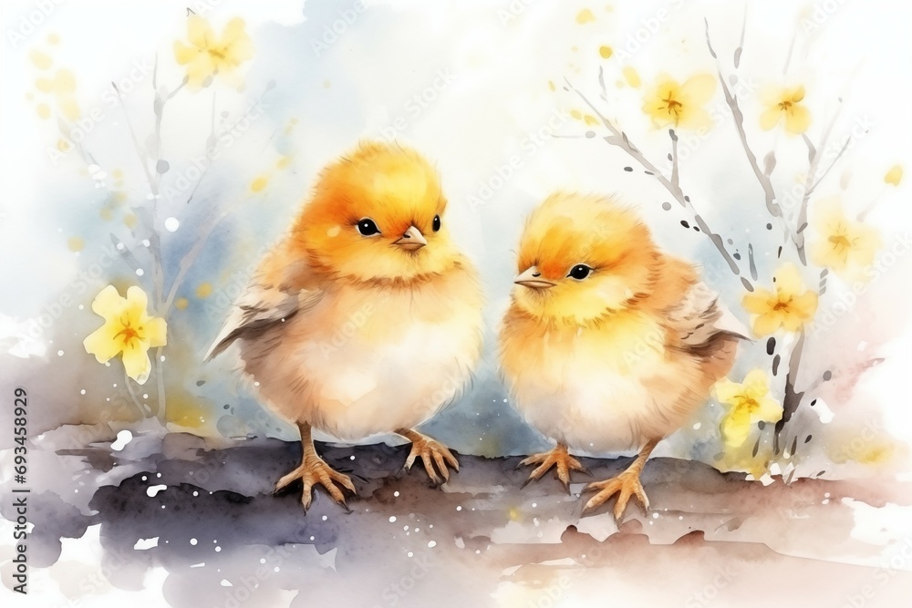Twins: Chicks Duo Amidst Spring Blossoms, Easter greeting card, poster, announcement, storybook illustration, nursery decor
