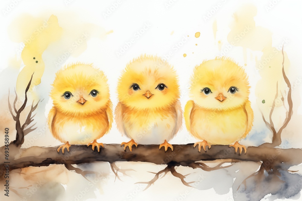 triplet, Chicks trio Amidst Spring Blossoms, Easter greeting card, poster, announcement, storybook illustration, nursery decor
