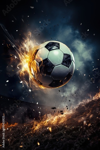 Close-up image of a soccer ball mid-air just before a powerful strike, with dramatic lighting and a blurred player in the background