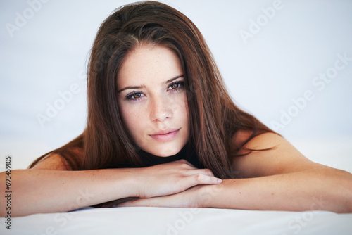 Makeup, beauty and portrait of young woman with face, cosmetic and natural routine. Glow, glamour and headshot of beautiful person from Canada with positive, good and confident attitude in bedroom.