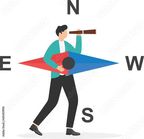 Frustrated entrepreneur holding broken compass lost direction finding way to go. Lost direction, frustrated business plan or problem and difficulty to find right path, mistake or wrong decision.